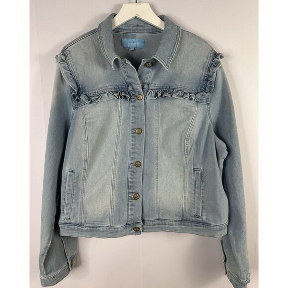Draper James Ruffle Trim Denim Jacket Women's 2X Light Wash Stretchy Cottagecore - Picture 1 of 10
